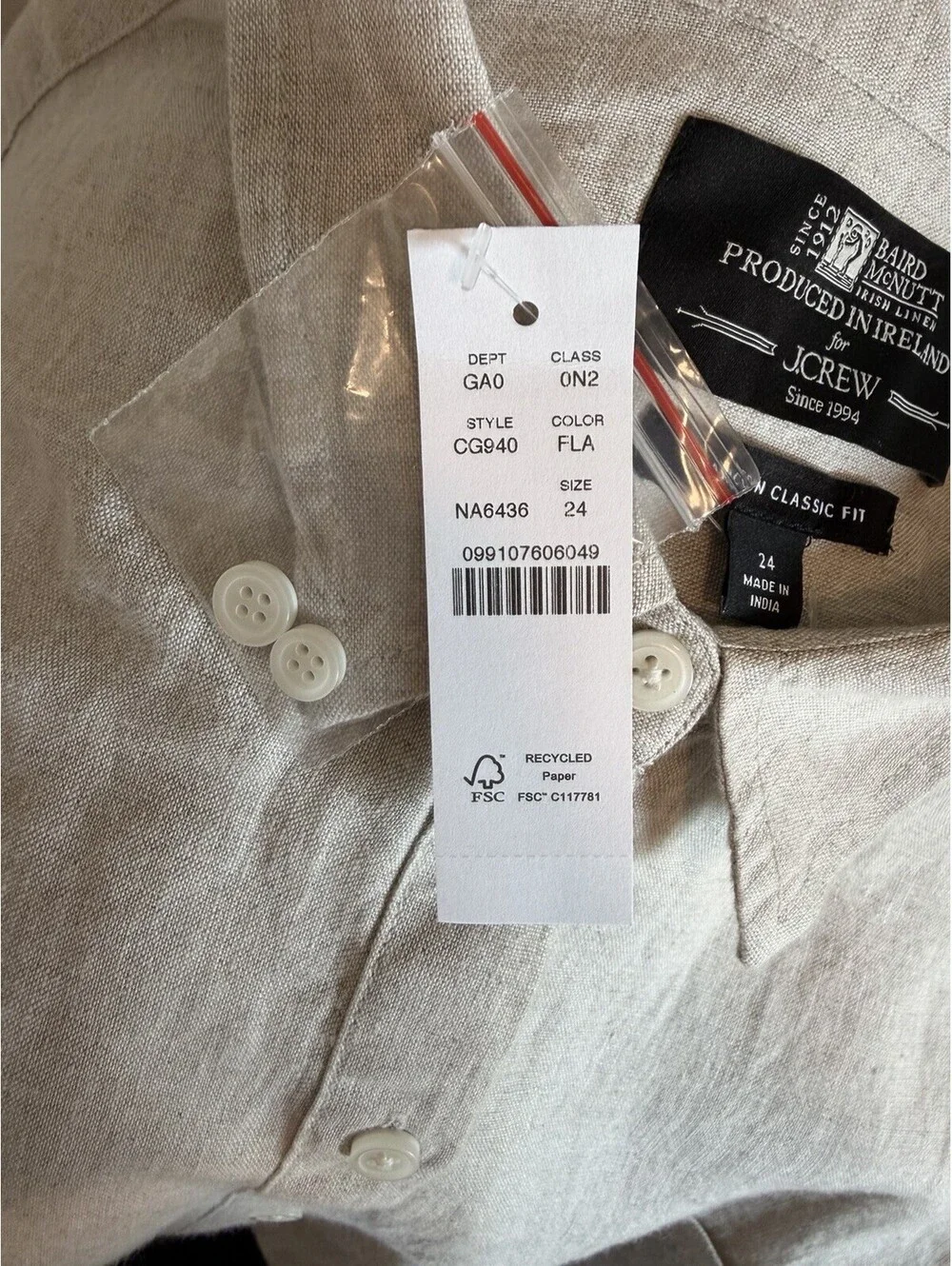 NWT J.Crew Baird McNutt Irish Linen Slim Fit Women's Shirt Size 24 Beige/Flax